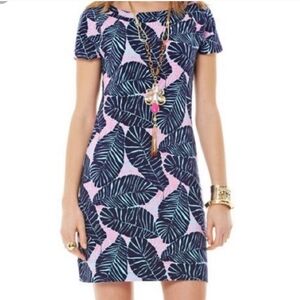 Blue and Pink Leaf Print Dress